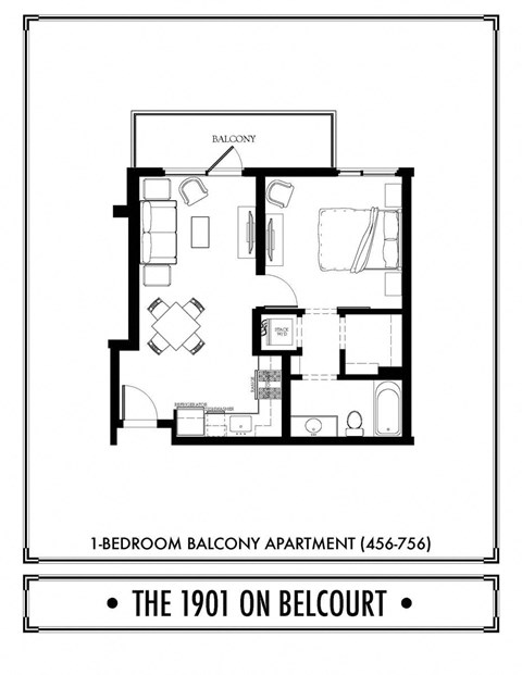 Floor plan for 1 bed, 1 bath, 573 sqft