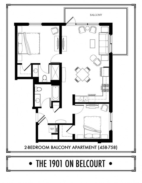 Floor plan for 2 beds, 2 baths, 1034 sqft