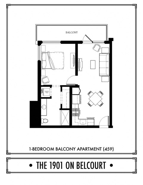 Floor plan for 1 bed, 1 bath, 635 sqft