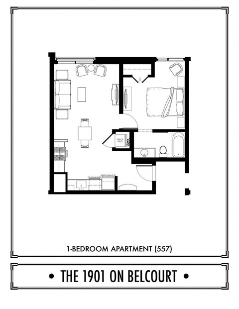 Floor plan for 1 bed, 1 bath, 612 sqft
