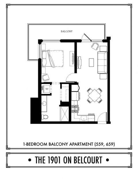 Floor plan for 1 bed, 1 bath, 635 sqft