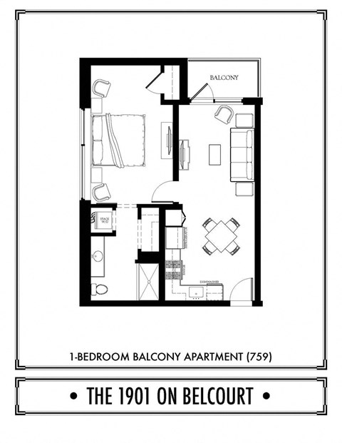 Floor plan for 1 bed, 1 bath, 721 sqft