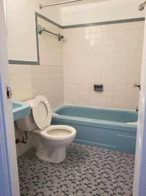 Philadelphia apartment for rent - a bathroom with a toilet and a blue bath tub