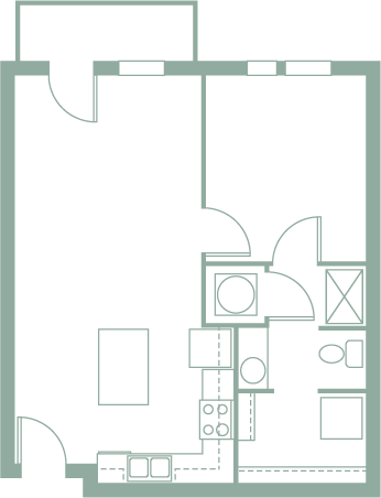 Floor plan for 1 bed, 1 bath, 679 sqft