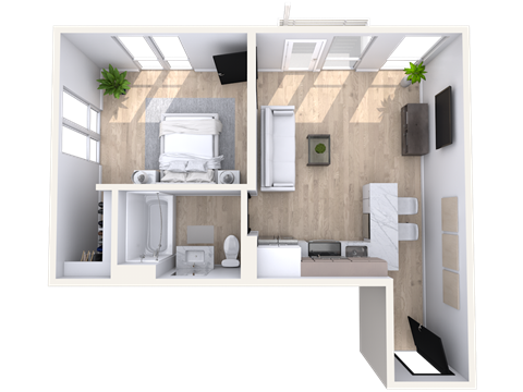 Floor plan for 1 bed, 1 bath, 524 sqft