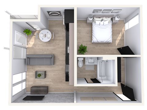 Floor plan for 1 bed, 1 bath, 592 sqft