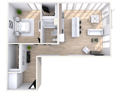 Floor plan for 1 bed, 1 bath, 873 sqft