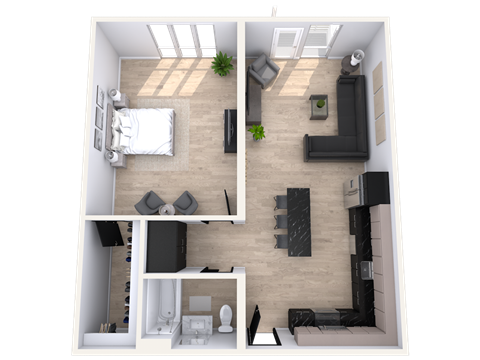 Floor plan for 1 bed, 1 bath, 907 sqft