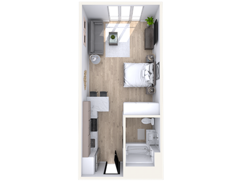 Floor plan for studio, 1 bath, 411 sqft