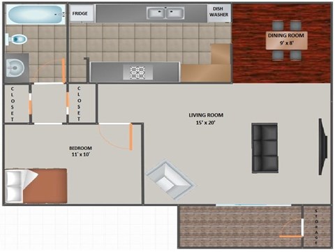 Floor plan for 1 bed, 1 bath, 685 sqft