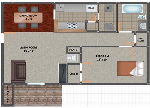 Floor plan for 1 bed, 1 bath, 800 sqft