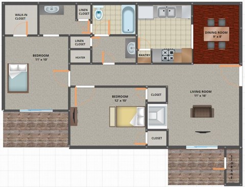 Floor plan for 2 beds, 1 bath, 925 sqft