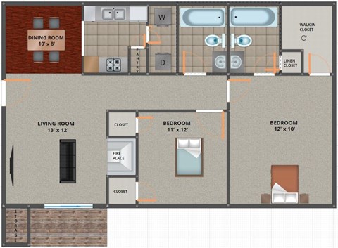 Floor plan for 2 beds, 2 baths, 1065 sqft