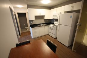 Hamilton apartment for rent - a kitchen with white appliances and a wooden table