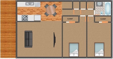 Floor plan for 2 beds, 1 bath, 1000 sqft