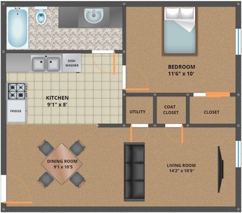 Floor plan for 1 bed, 1 bath, 750 sqft