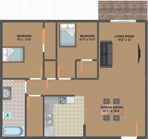Floor plan for 2 beds, 1 bath, 850 sqft
