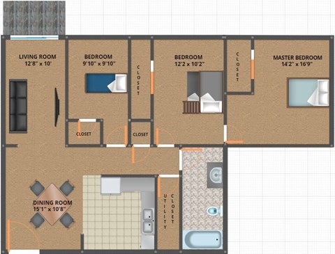 Floor plan for 3 beds, 1 bath, 950 sqft