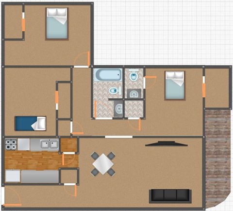 Floor plan for 3 beds, 2.5 baths, 1234 sqft