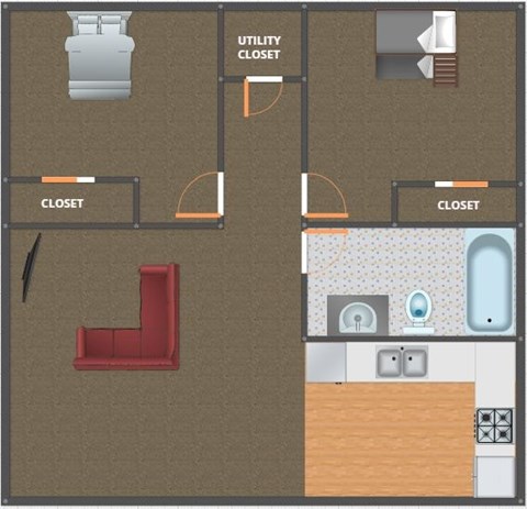 Floor plan for 2 beds, 1 bath, 700 sqft