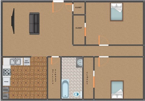 Floor plan for 2 beds, 1 bath, 700 sqft