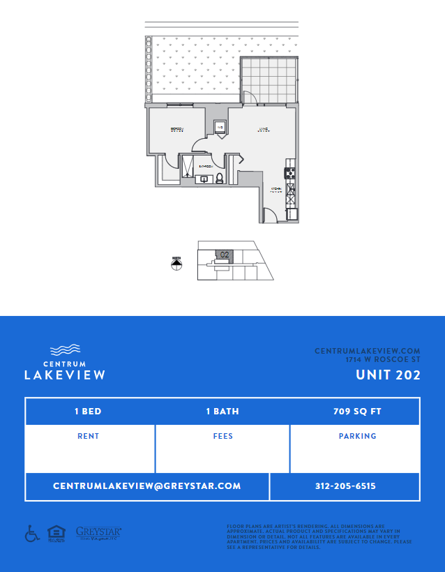 Floor plan for 1 bed, 1 bath, 677 sqft