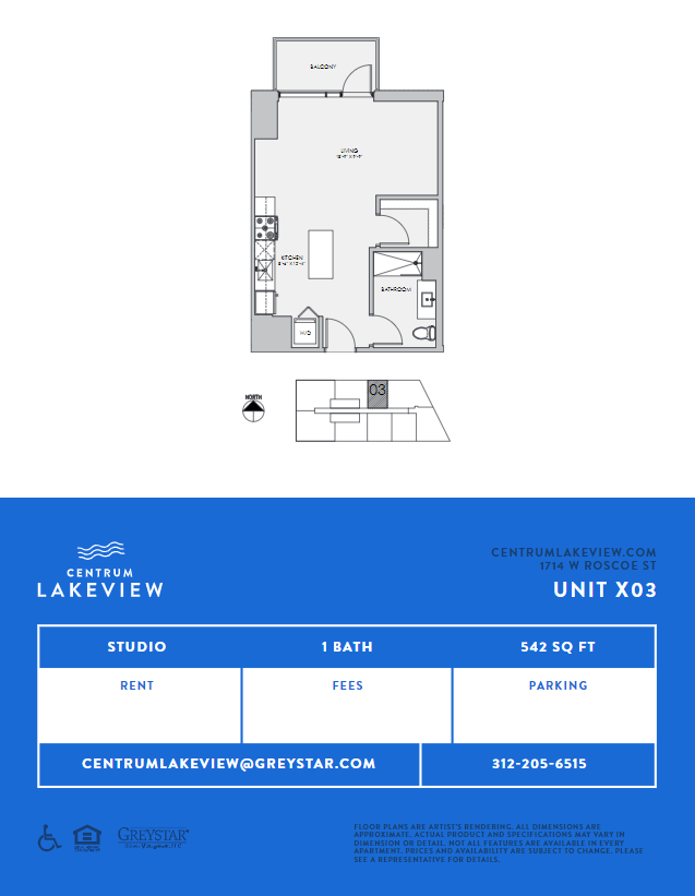 Floor plan for studio, 1 bath, 542 sqft
