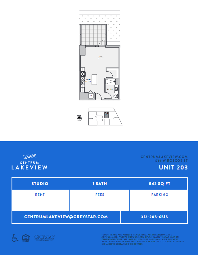 Floor plan for studio, 1 bath, 542 sqft