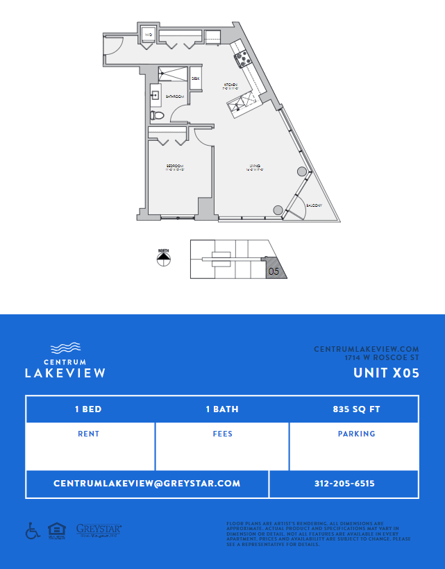 Floor plan for 1 bed, 1 bath, 835 sqft