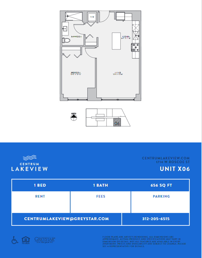 Floor plan for 1 bed, 1 bath, 656 sqft