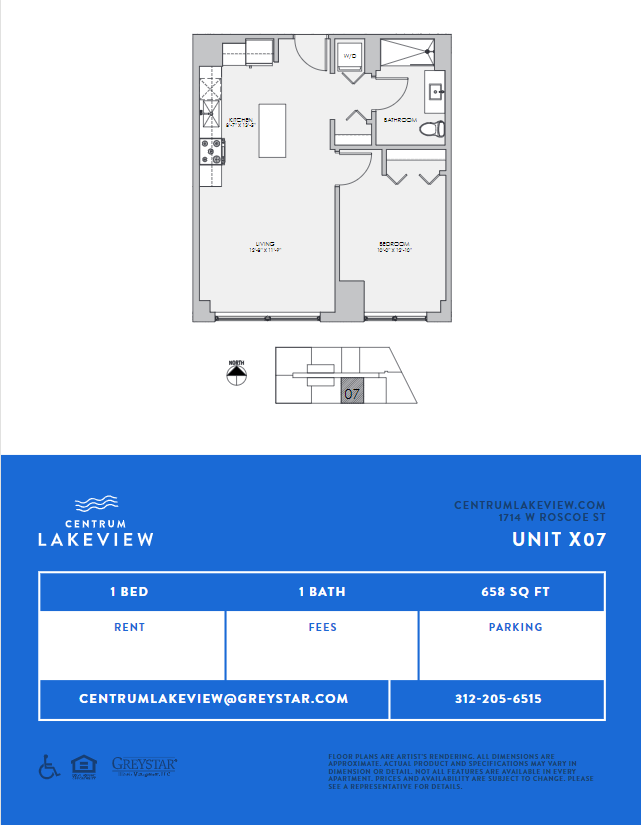 Floor plan for 1 bed, 1 bath, 658 sqft