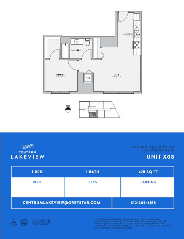 Floor plan for 1 bed, 1 bath, 678 sqft