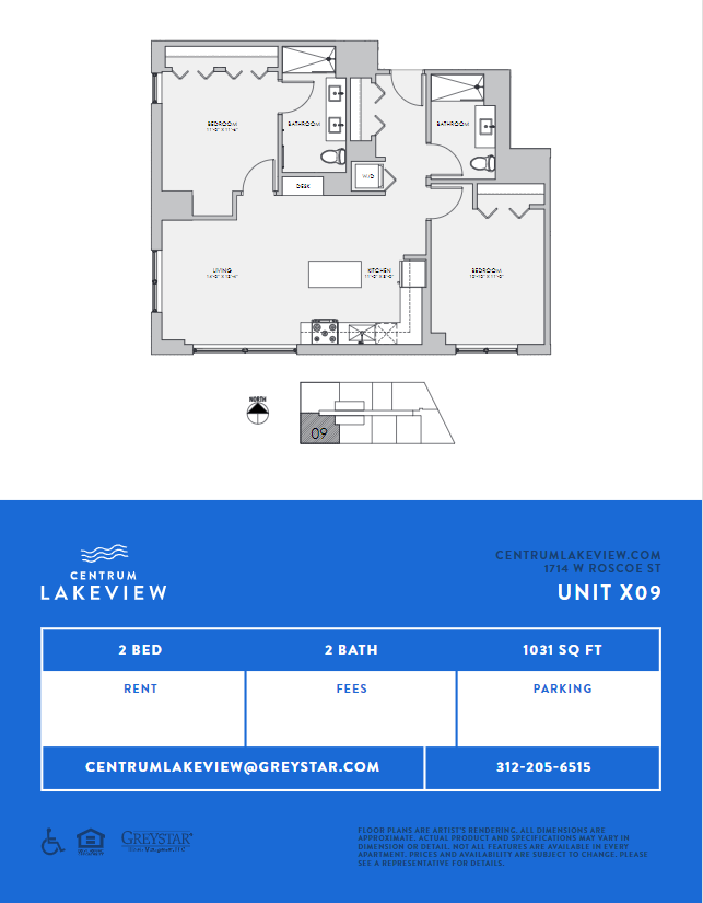 Floor plan for 2 beds, 2 baths, 1031 sqft
