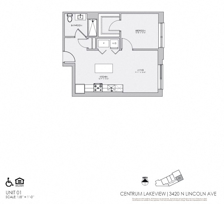 Floor plan for 1 bed, 1 bath, 647 sqft