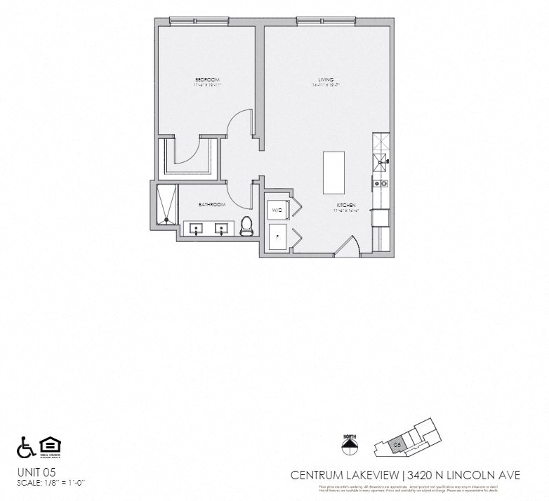 Floor plan for 1 bed, 1 bath, 763 sqft