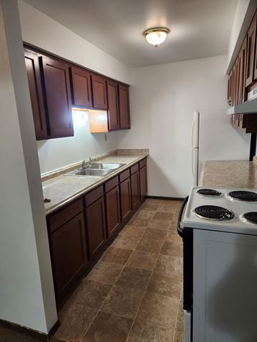 Wauwatosa apartment for rent - a kitchen with a stove and sink and a refrigerator