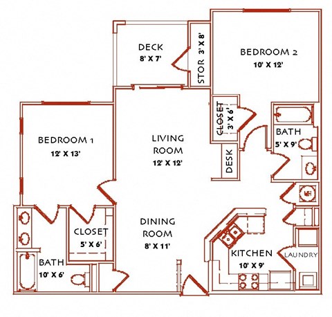 Floor plan for 2 beds, 2 baths, 1085 sqft