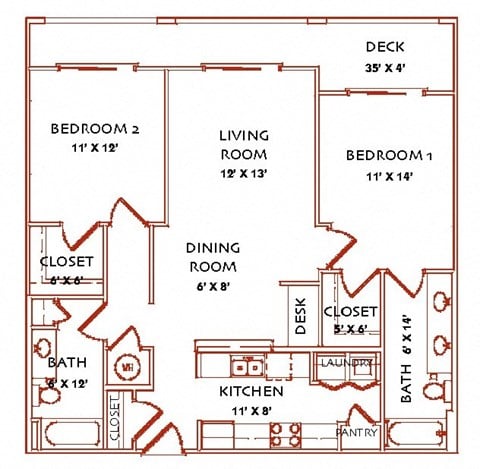 Floor plan for 2 beds, 2 baths, 1119 sqft