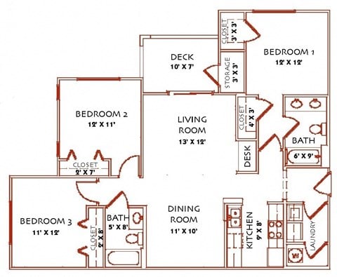 Floor plan for 3 beds, 2 baths, 1219 sqft