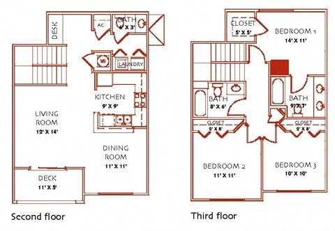 Floor plan for 3 beds, 2.5 baths, 1401 sqft