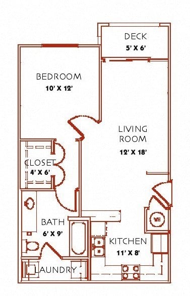 Floor plan for 1 bed, 1 bath, 677 sqft