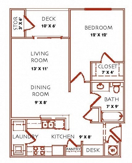 Floor plan for 1 bed, 1 bath, 787 sqft