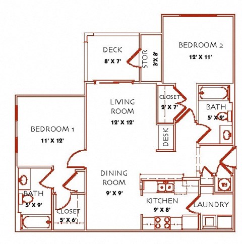 Floor plan for 2 beds, 2 baths, 997 sqft