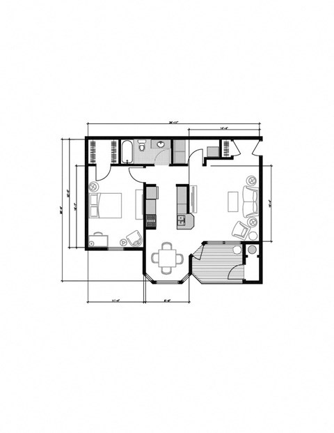 Floor plan for 1 bed, 1 bath, 870 sqft
