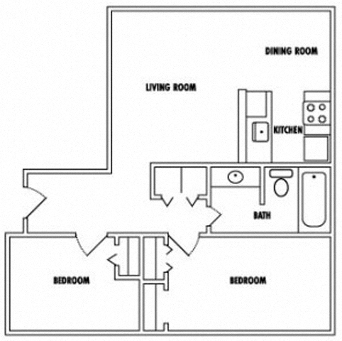 Floor plan for 2 beds, 1 bath, 746 sqft