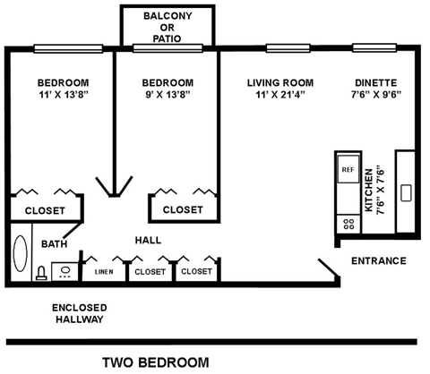 Floor plan for 2 beds, 1 bath, 950 sqft