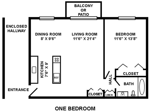 Floor plan for 1 bed, 1 bath, 820 sqft