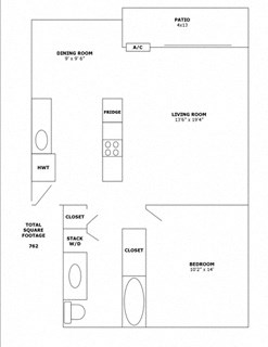 Floor plan for 1 bed, 1 bath, 762 sqft