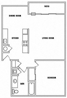 Floor plan for 1 bed, 1 bath, 762 sqft