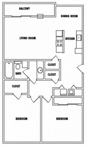 Floor plan for 2 beds, 1 bath, 1050 sqft
